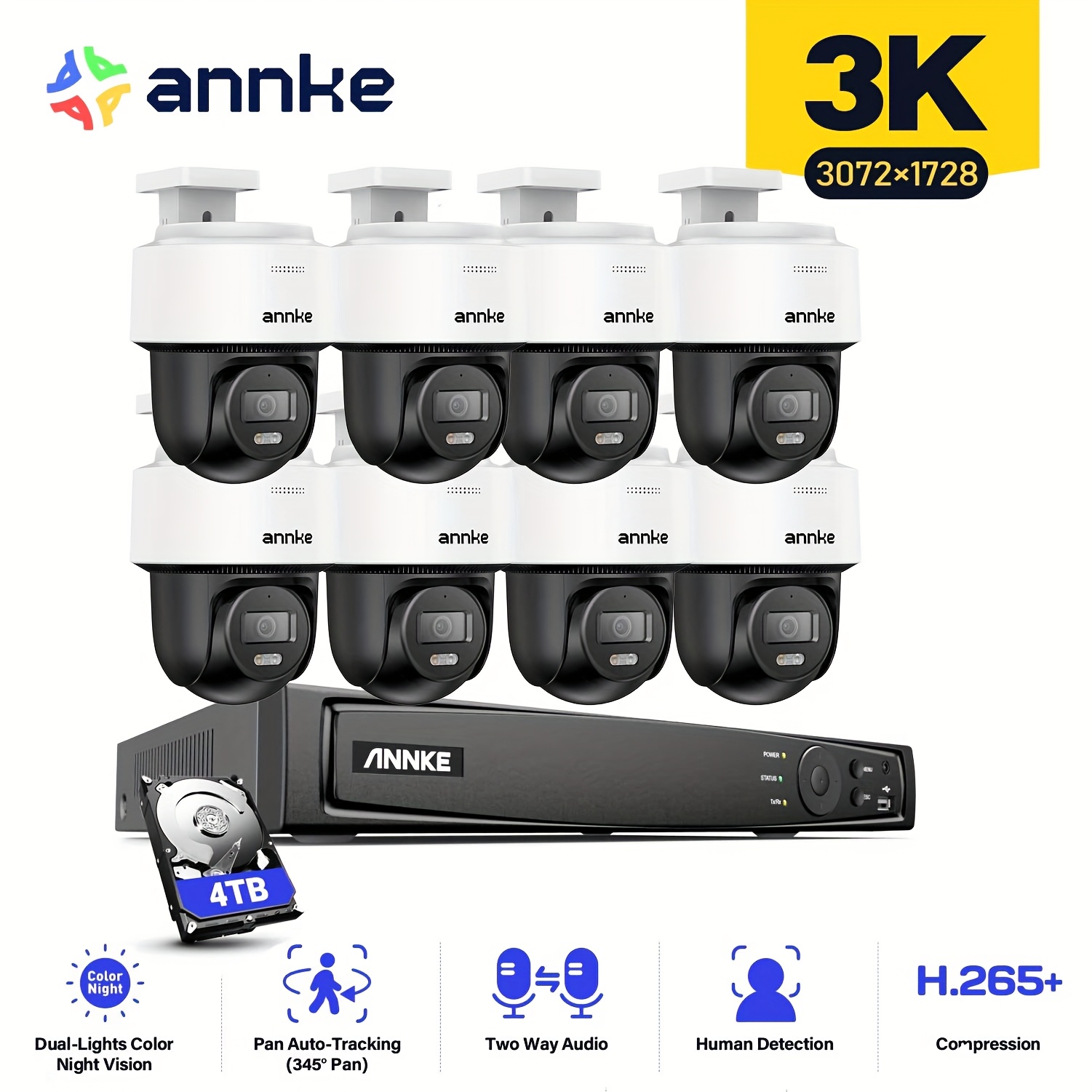 cpt500 3  camera system with auto tracking 345   tilt 8ch 12mp nvr with 4tb hdd 8pcs 3k poe cameras home surveillance wired ai human detection smart   2 way talk Product details 0