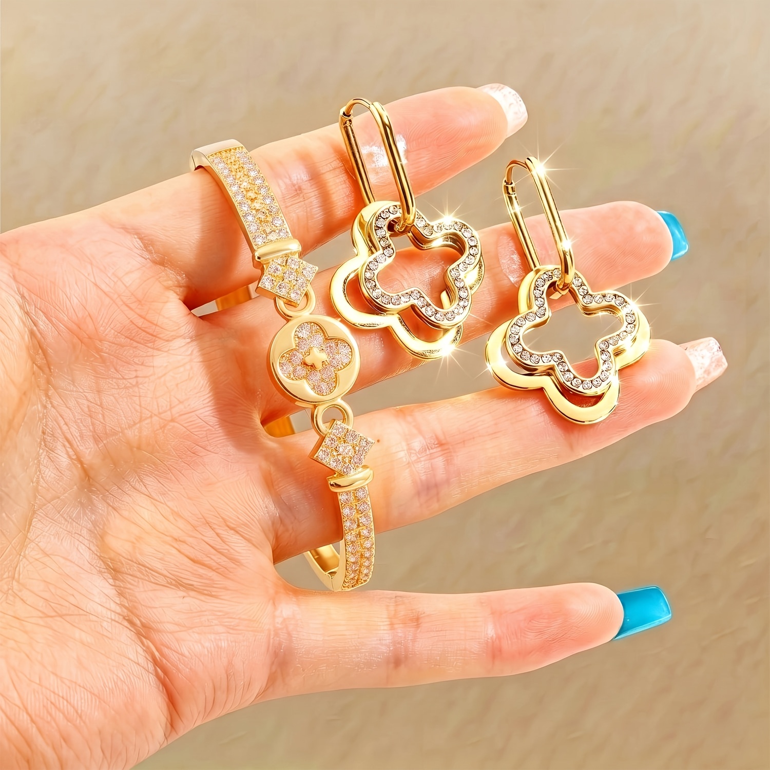 TEMU 3pcs Sparkling Light Luxury 18k Golden Plated Shining Stainless Steel Jewelry Set Bracelet And Earrings Stackable And Separate Wear Daily