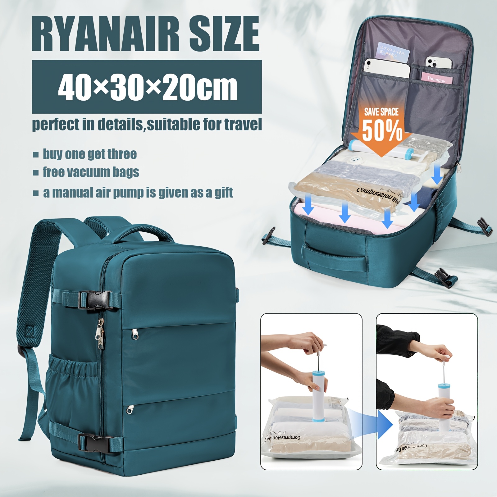 TEMU Mochila de COOWOZ Aprobada por Ryanair con Bolsa de Compresión al Vacío y Bomba - Mochila de Viaje , Maleta de Gran Capacidad Ahorradora de ,