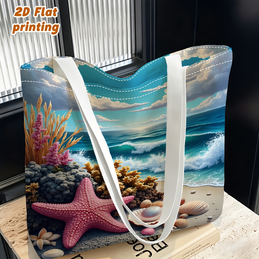 TEMU 1pc Ocean Waves Starfish Coral Seashells Pattern Print Women's Shoulder Bag, Crossbody Hand/backpack 2-in-1 Reusable, Exquisite , Lightweight