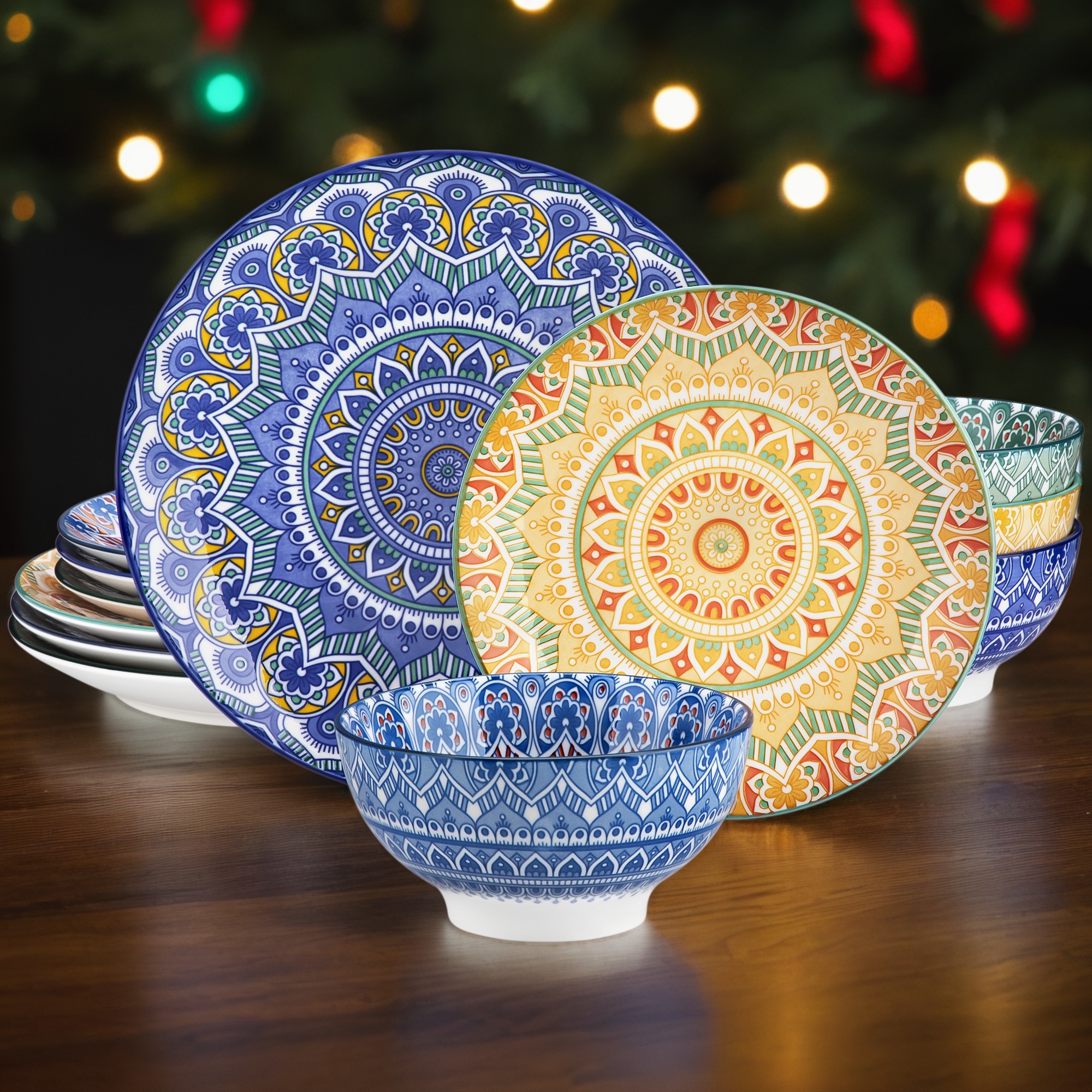 12pcs Dinnerware Sets, Porcelain Dinner Set For 4, Boho Plates And Bowls Set, Colorful Dish Set, Tableware Set Dining Set, Dishwasher And Microwave Safe, Holiday Gift