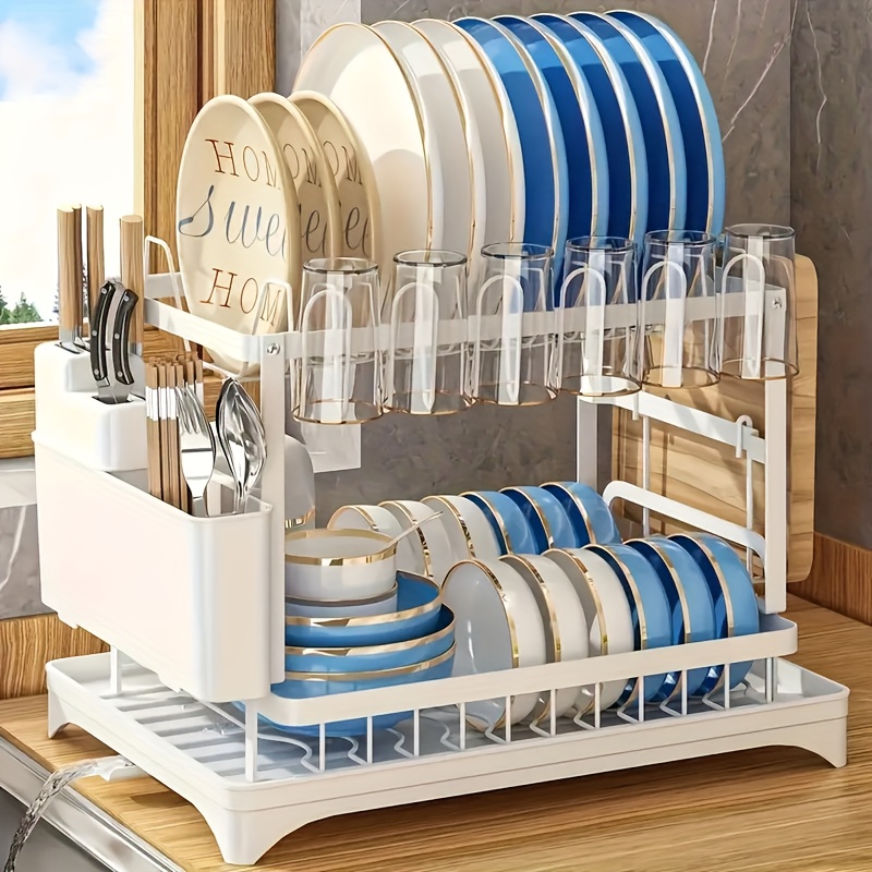 TEMU Multifunctional Carbon Steel Dish Rack, 2-tier Drain Board With Drainage Tray, Utensil Rack, Sticky Board Rack, Cup Rack, Suitable For Kitchen