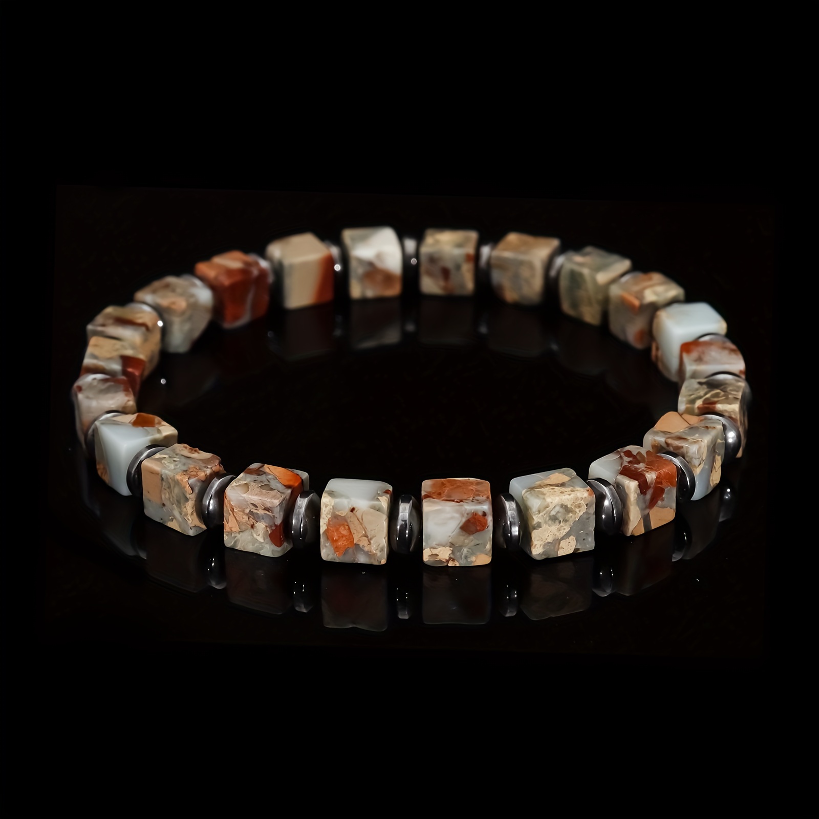 1pc Of Women's Stylish Jewelry Featuring Stone Shoushan Stone Bracelet, With 6mm Square Shoushan Stone And Round Hematite Saucer Spacers, From Pure Handmade Elastic Rope, Suitable For Men And Women