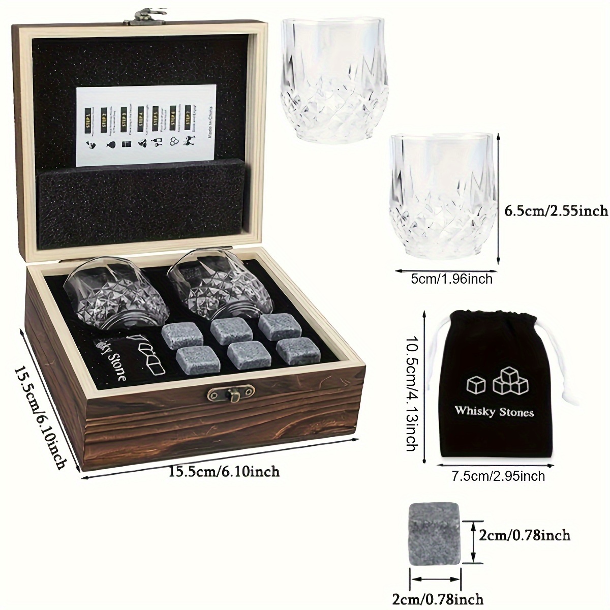 deluxe whiskey stones gift set with engraved glassware reusable granite ice cubes holder   storage bag drawstring pouch ideal for fathers day anniversaries birthdays whiskey glasses details 0