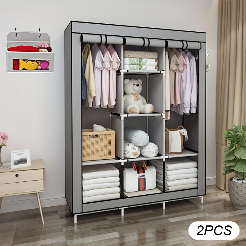TEMU [2pcs Set]1 Portable Wardrobe And 1 Storage Bag On The Door, With Hanging Space, Featuring 2 Hanging Rods And 8 Storage Shelves. It Includes A