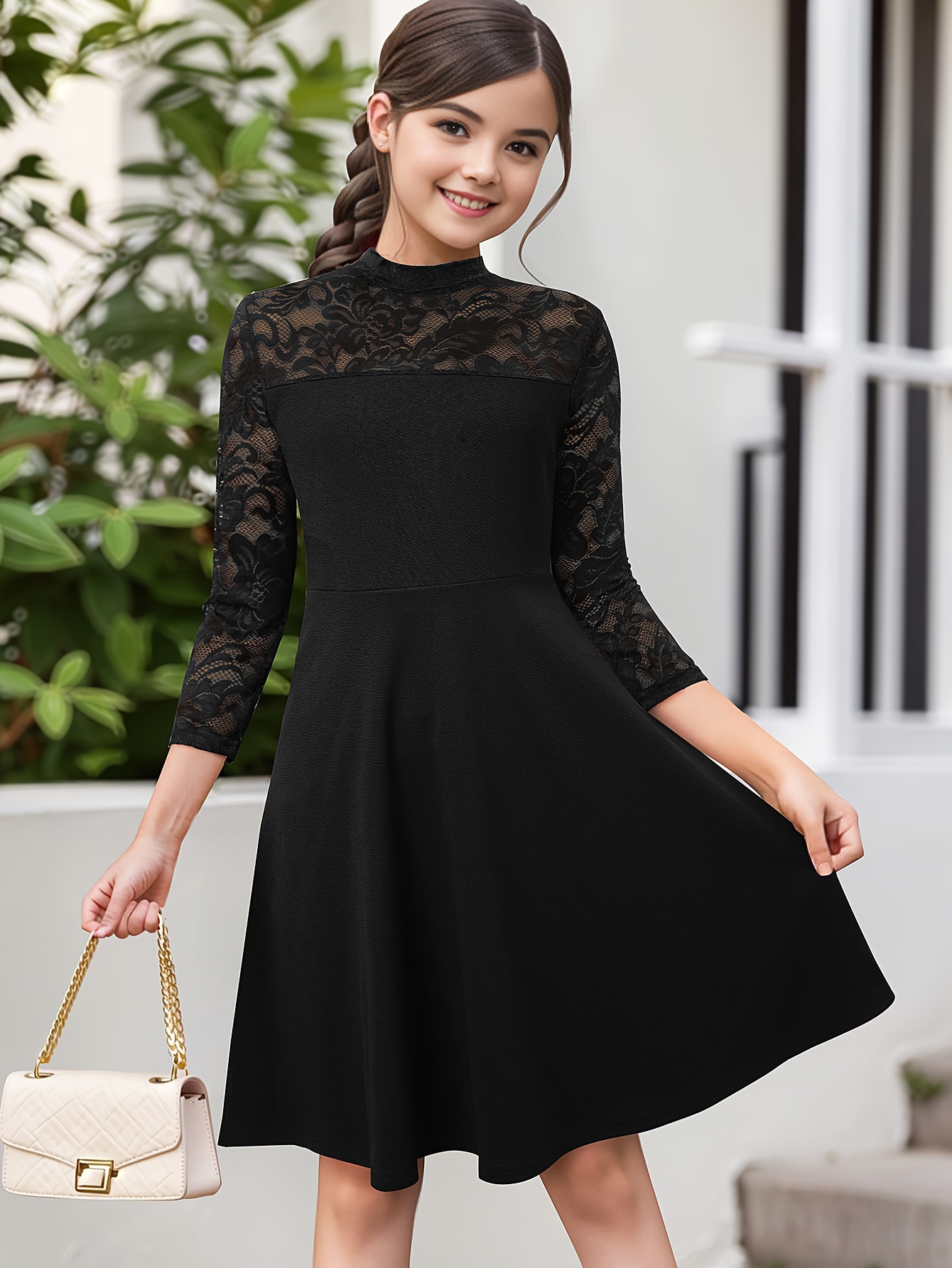 Girls' Elegant Party Dress Black Formal Everyday dress with Lace  sleeves, flared hem, Machine Washable for Birthday, Wedding, School Al