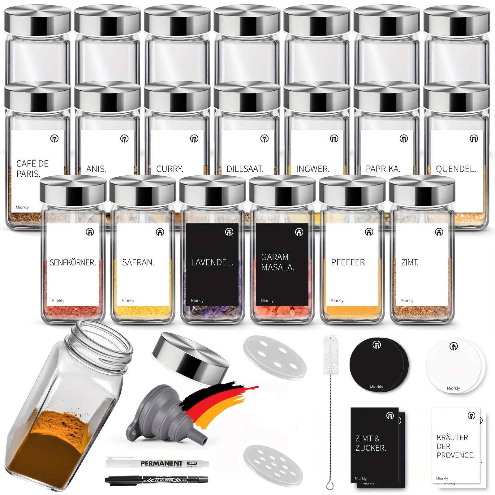 

Miorkly Square With Spreader Insert, Stainless Steel Lid Spice Jars 120ml, 24 Spice Jar Set, Spice Shaker Glass With Spreader Attachments, Funnel, Labels & Chalk Pen, Kitchen Organiser