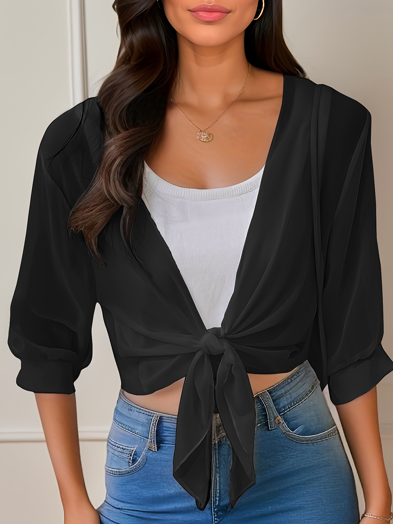 Women'S V-Neck Polyester Cardigan - Solid Color Half Sleeve Short Length with Lace-Up Detail, Non-Stretch Woven Fabric, Spring/Summer Lightweight Chiffon Sun-Protective Clothing