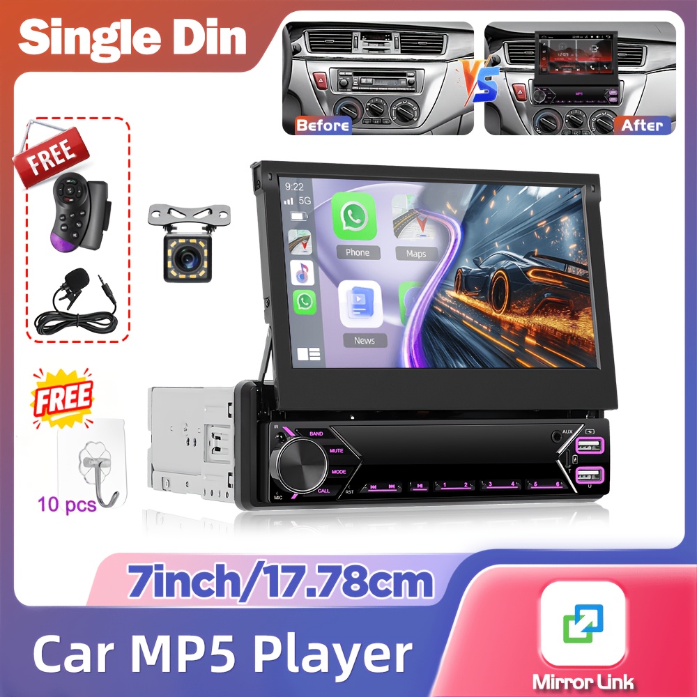 TEMU Techscreen Single Din Car Stereo Radio 7-inch Retractable Touch Screen 1080p Hd Mp5 Car Multimedia Player With Wired Support Steering Wheel Rear