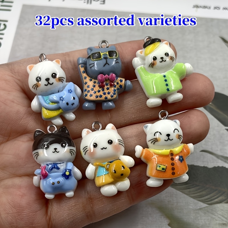 TEMU Lot de 32 pendentifs chaton en résine de styles aléatoires - Convient pour la fabrication de bijoux DIY, parfait pour les accessoires de fête,
