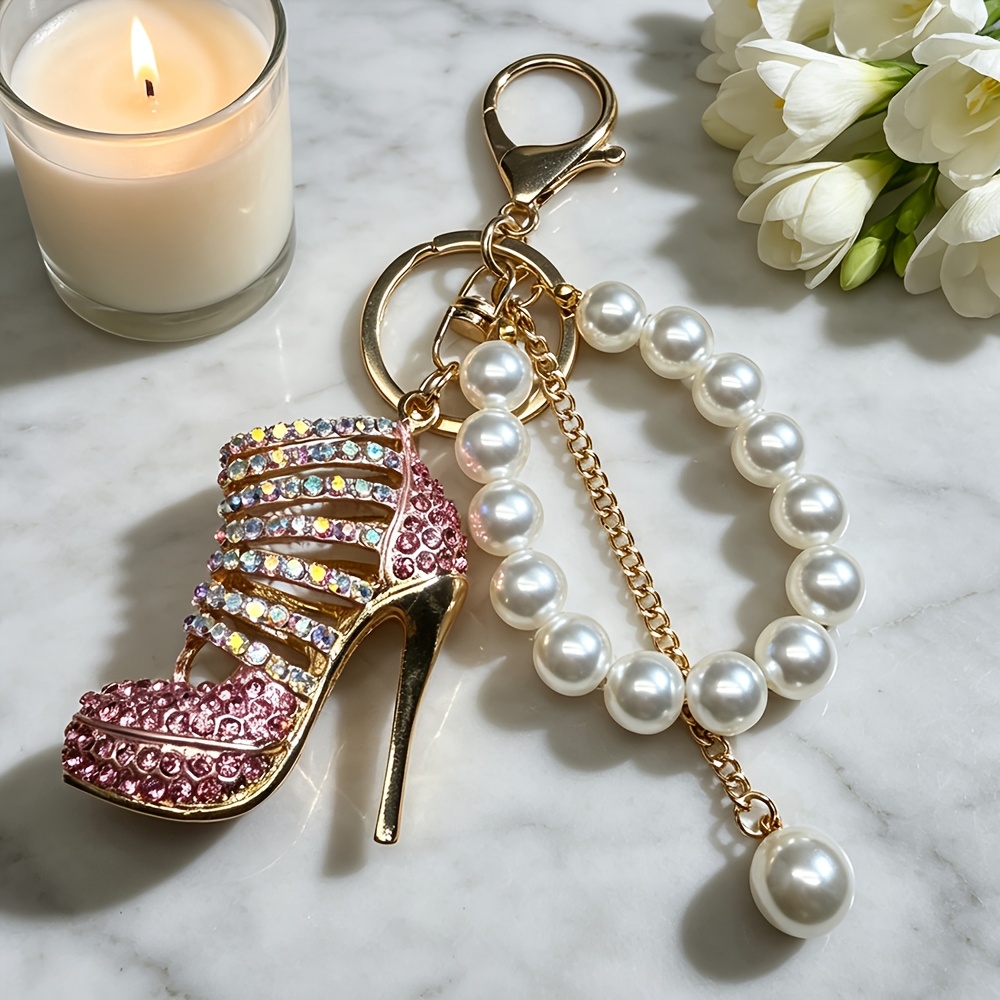 TEMU 1 pz Accessori Borsa da Donna Portachiavi con Tacco in Metallo e Strass Ciondolo con Perline a Ciondolo per Chiavi Auto Regalo per le Feste