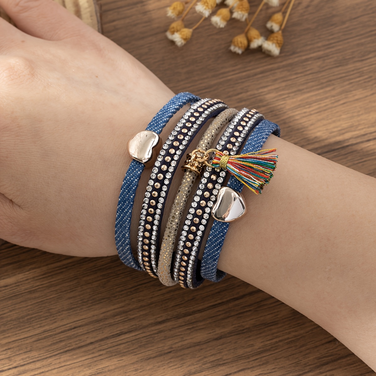 Image of A Bohemian-style Unisex Denim Bracelet Featuring -shaped Tassels And Multi-layered With A Magnetic Clasp, Perfect For Valentine's Day Gifts, New Year Presents, Or Back-to-school Surprises.