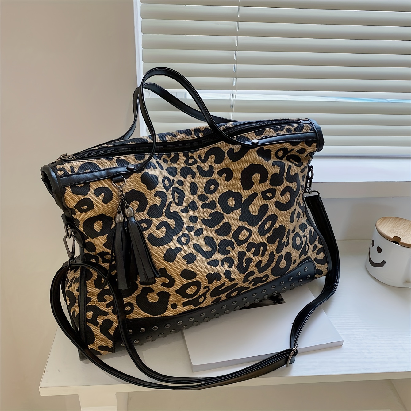 

Leopard Print Tassel Rivets Tote Bag, Large Capacity Fashion Handbag With Crossbody Strap