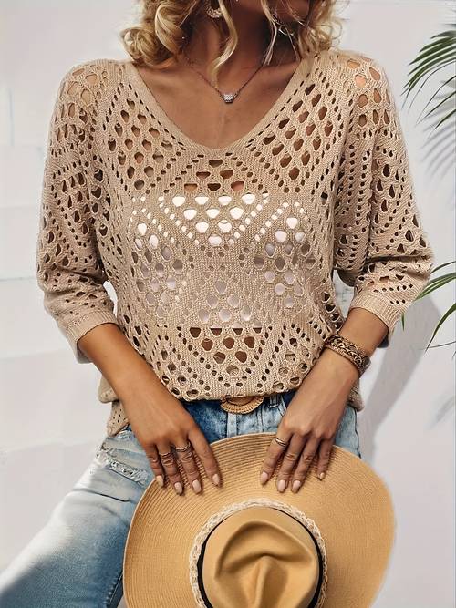 spring summer autumn solid color womens elegant v neck casual loose vacation hollow out pullover