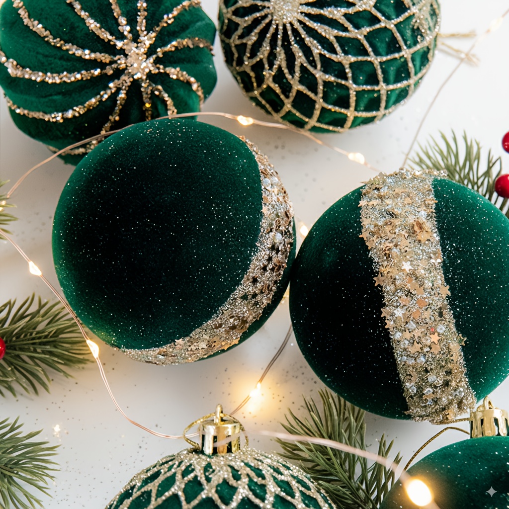 TEMU Juego de 9 adornos navideños de terciopelo flocado de resistencia, bolas colgantes decorativas verdes de primera calidad, decoración navideña de
