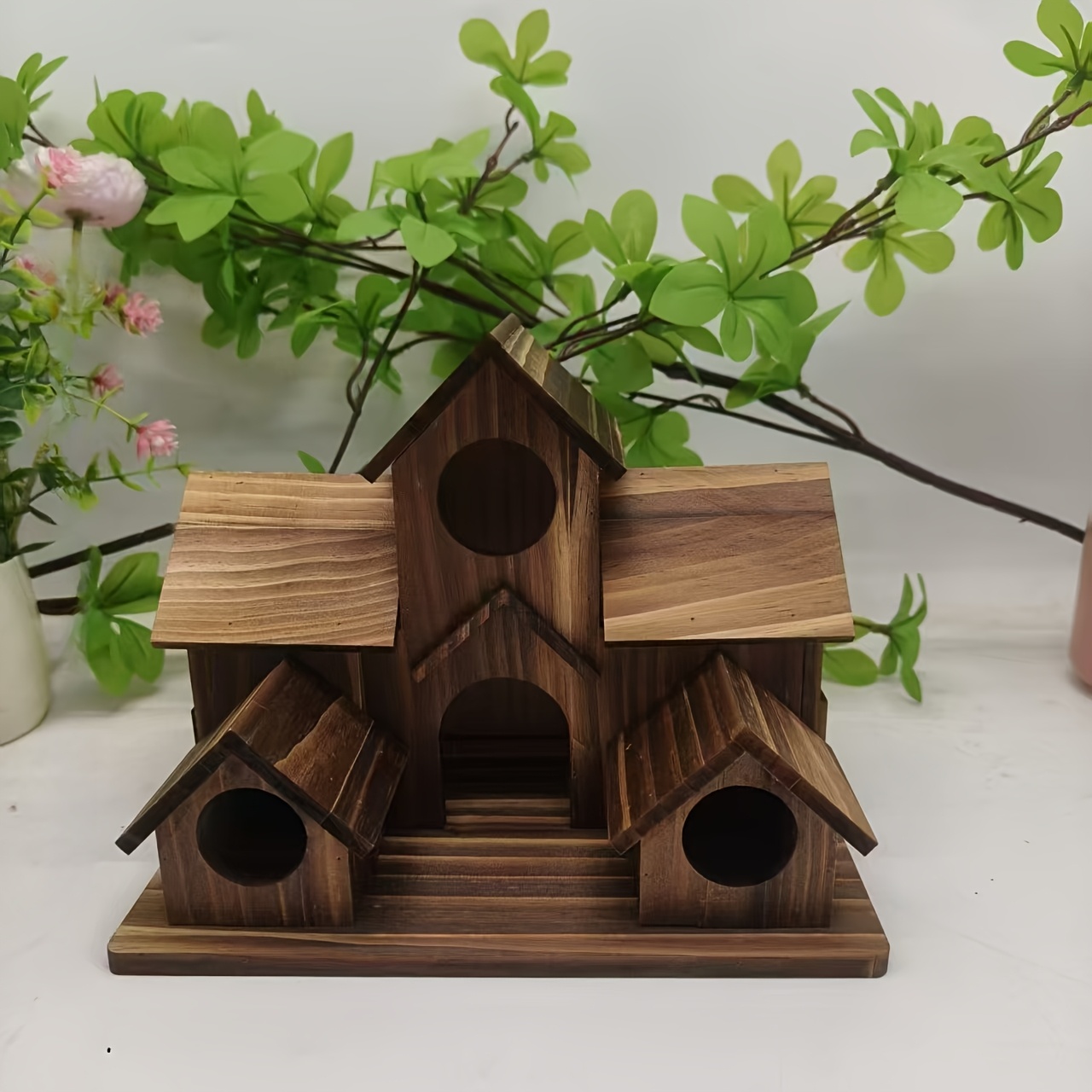 Image of Outdoor Rustic Wooden Birdhouse For Small Birds - Villa-style Multi-level Hanging Bird Feeder - Diy Graffiti Multi-compartment - Yard Garden Decoration To Birds