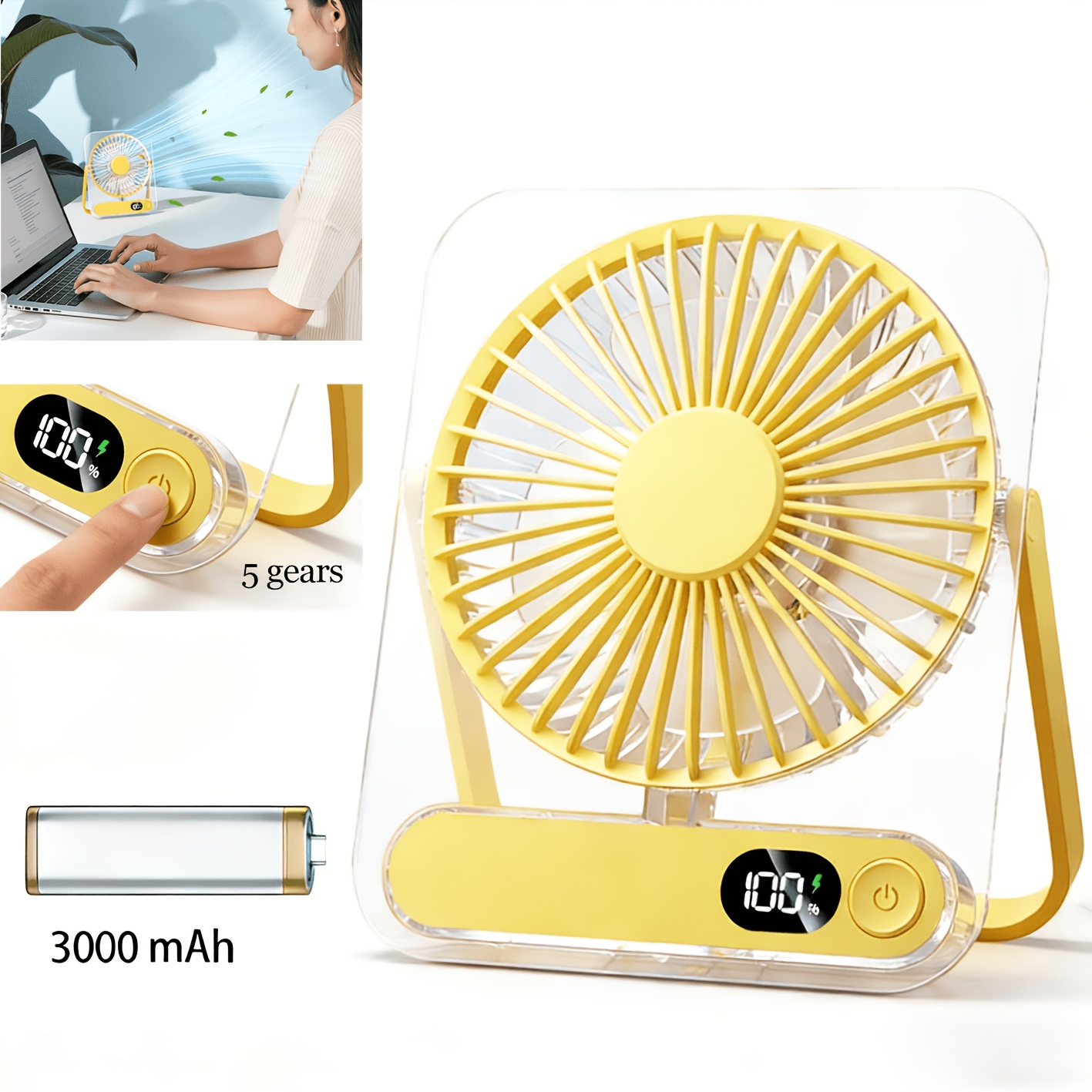 TEMU Portable Air Circulating Fan, 5- System-3000mah Battery, 180° Ultra-wide Angle , Display, Acrylic Body, Suitable For Home, Office, Camping,