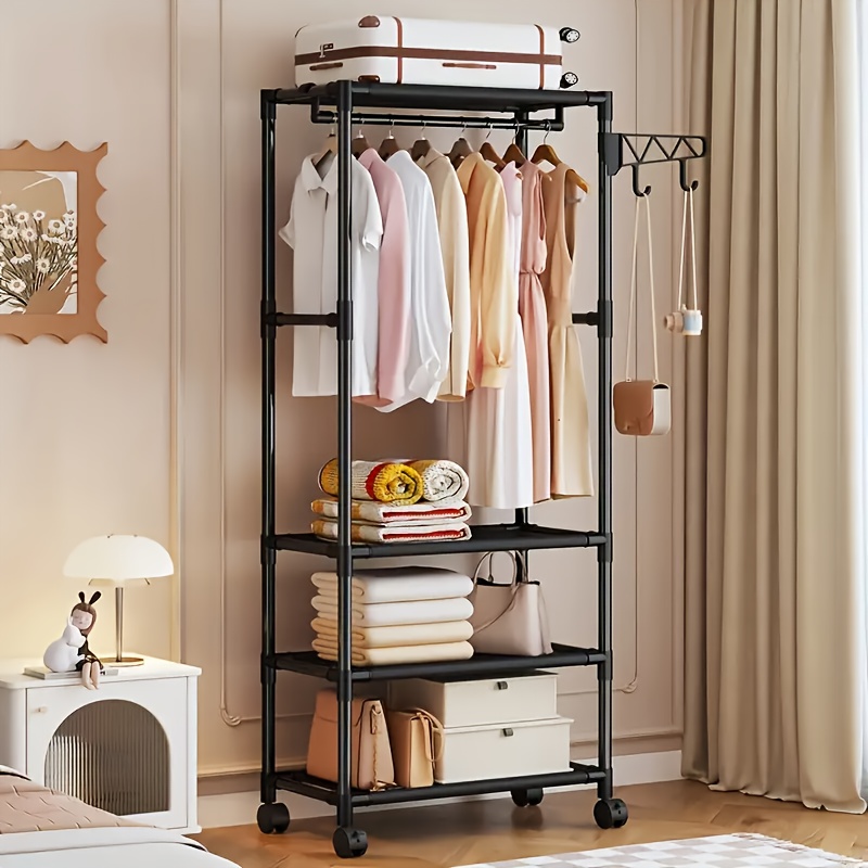 New Luxury High Quality Metal Space Saving Portable Wardrobe, Multifunctional Design with Hooks, Wheels And Reinforced Metal Frame, Easy Assembly, Suitable for Bedrooms, Living Rooms, Apartments And Offices, Portable Closets