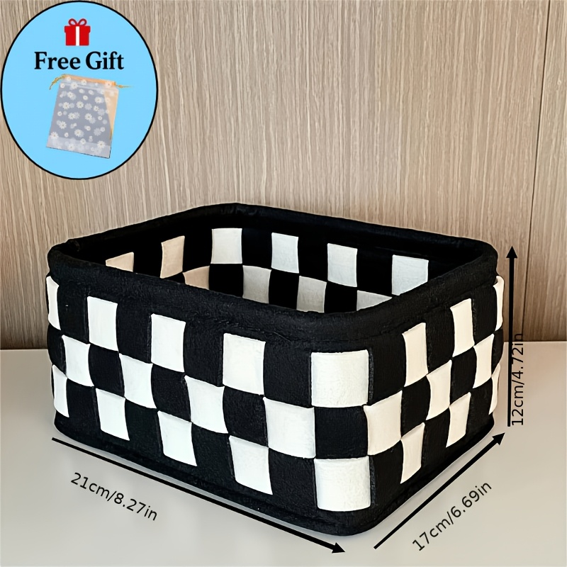 TEMU 2pcs Set: 1 Black And White Checkered Storage Basket + 1 Free Daisy Drawstring Pouch. Black And White Checkered Storage Basket - For Desktop And