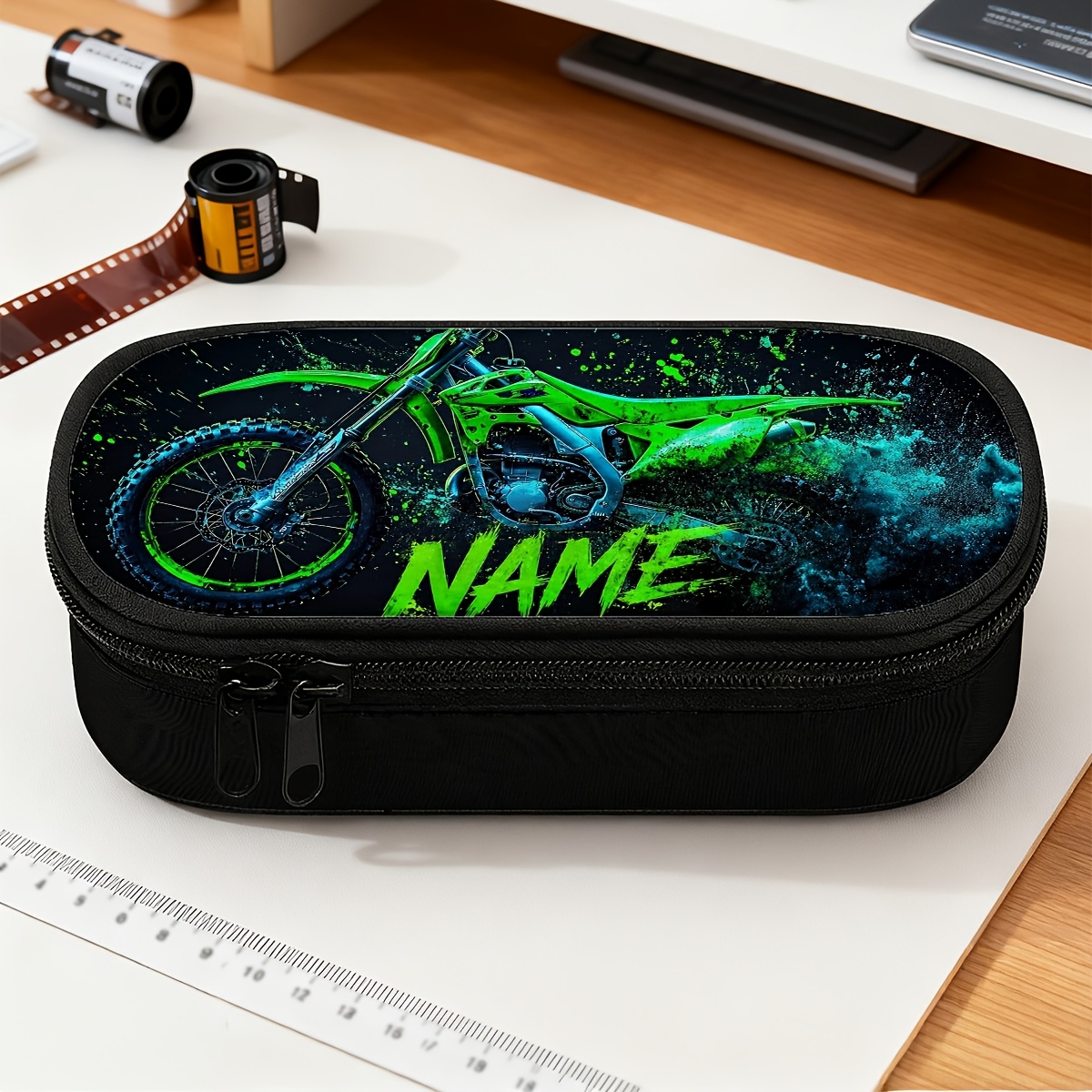 TEMU Trousse à crayons/stylo personnalisée 1 pièce, motif plat 2D de moto de motocross, avec compartiments à fermeture éclair, poche à crayons