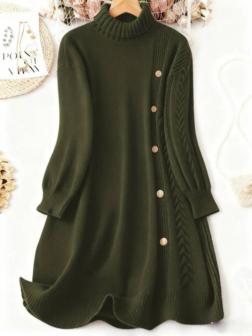 plus size plus size womens european and spring autumn winter new arrival high neck sweater dress with long sleeves french style sweet and elegant look comfortable soft and versatile cable pattern decorated with golden buttons