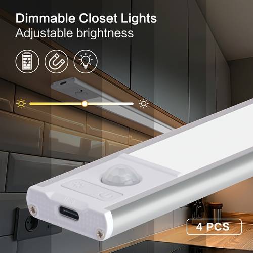 item picture 4pcs led motion sensor cabinet light under counter closet lighting wireless magnetic usb rechargeable kitchen night lights battery powered operated light for wardrobe closets cabinet cupboard stairs