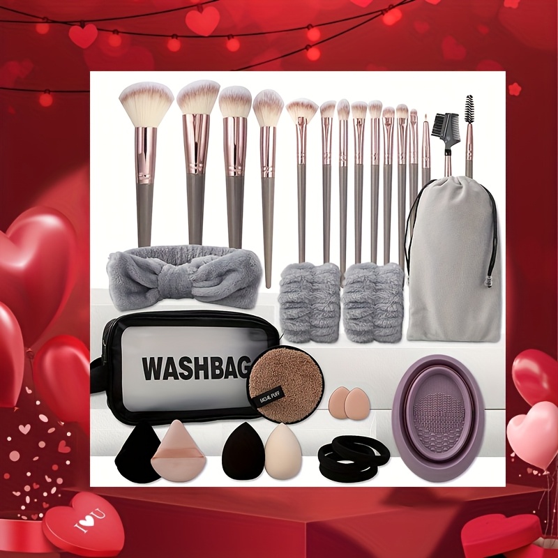 

Valentine's Day Gift Professional Makeup Kit Brush&&makeup Remover Puff&&bathroom Bag, Foundation Brush Brush, Carrying, Gift Set For Beginner, Makeup For School -wristbands Headband Tools