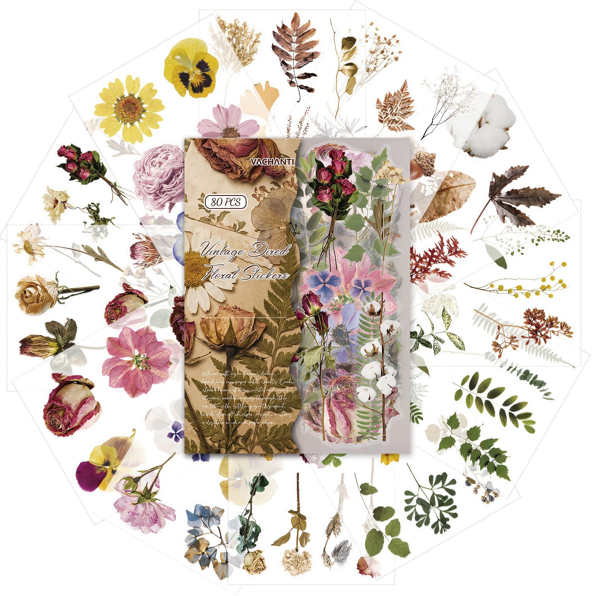 80pcs/12sheets Flowers Stickers Transparent Pet Dried Pressed Flowers , Natural Flower Stickers For Scrapbooking, Planner, Junk Journal, Journal