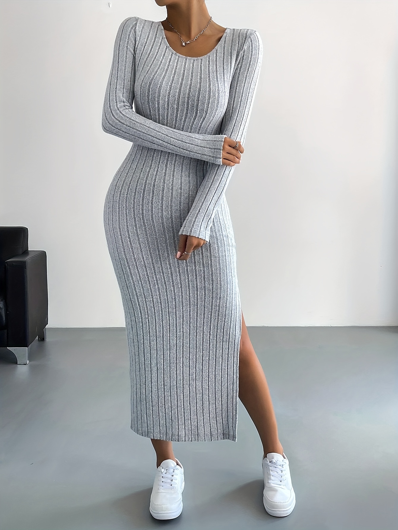 womens elegant bodycon dress side slit stretchy midi dress - Temu Colombia