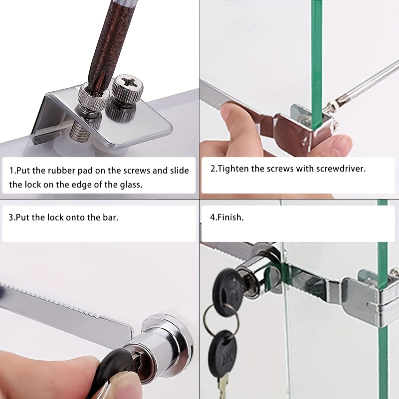 Un set di serrature per vetrine, progettate per porte scorrevoli in vetro, include serrature per scatole in vetro e vetro scorrevole, completo di chiave