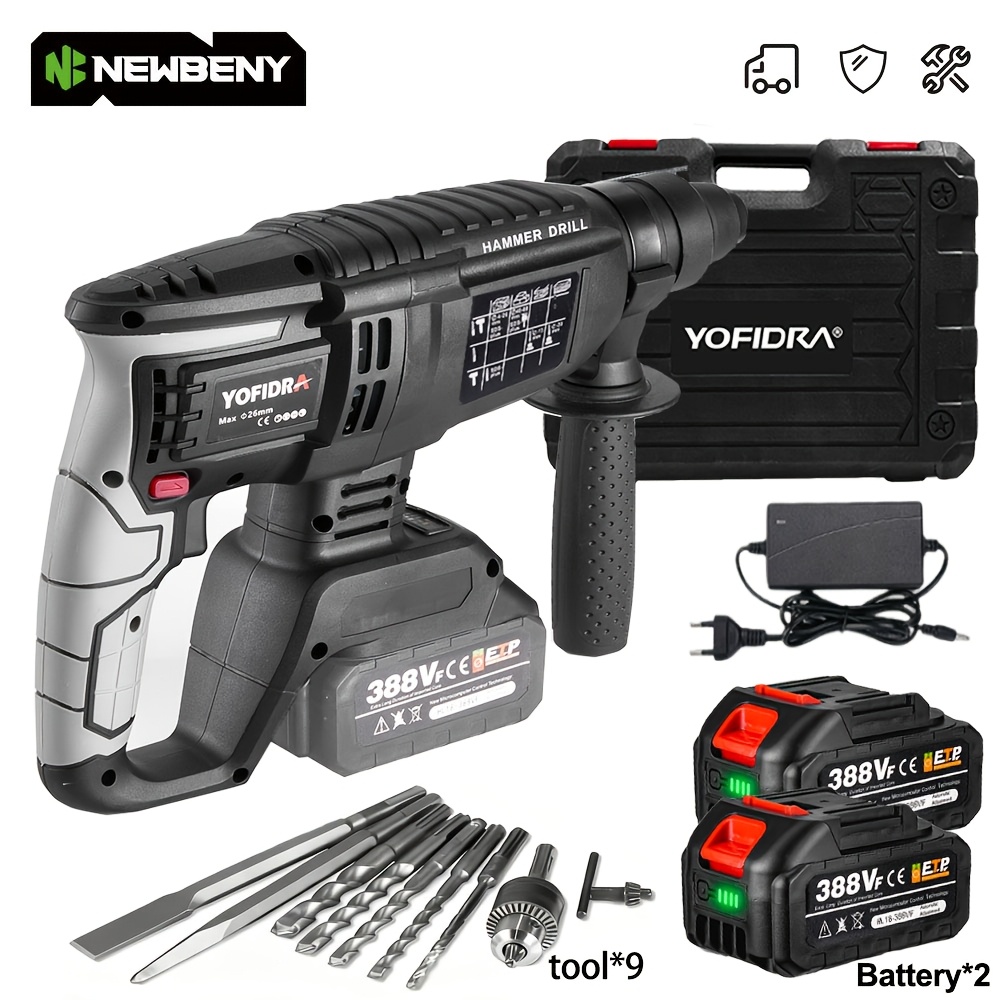 Image of Brushless Electric Hammer Drill, 26mm Golden Metal , 4 Working , Suitable For Drilling Concrete, Steel, Bricks And Wood, Suitable For Yofidra Batteries