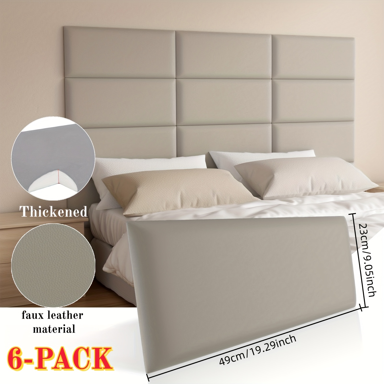 E-shop 6er-Pack selbstklebendes Kopfteil, Kunstleder-Design, 12 mm dicke 3D-Polsterung für kleine Betten, bohrfreie Wandverkleidung (abziehen &