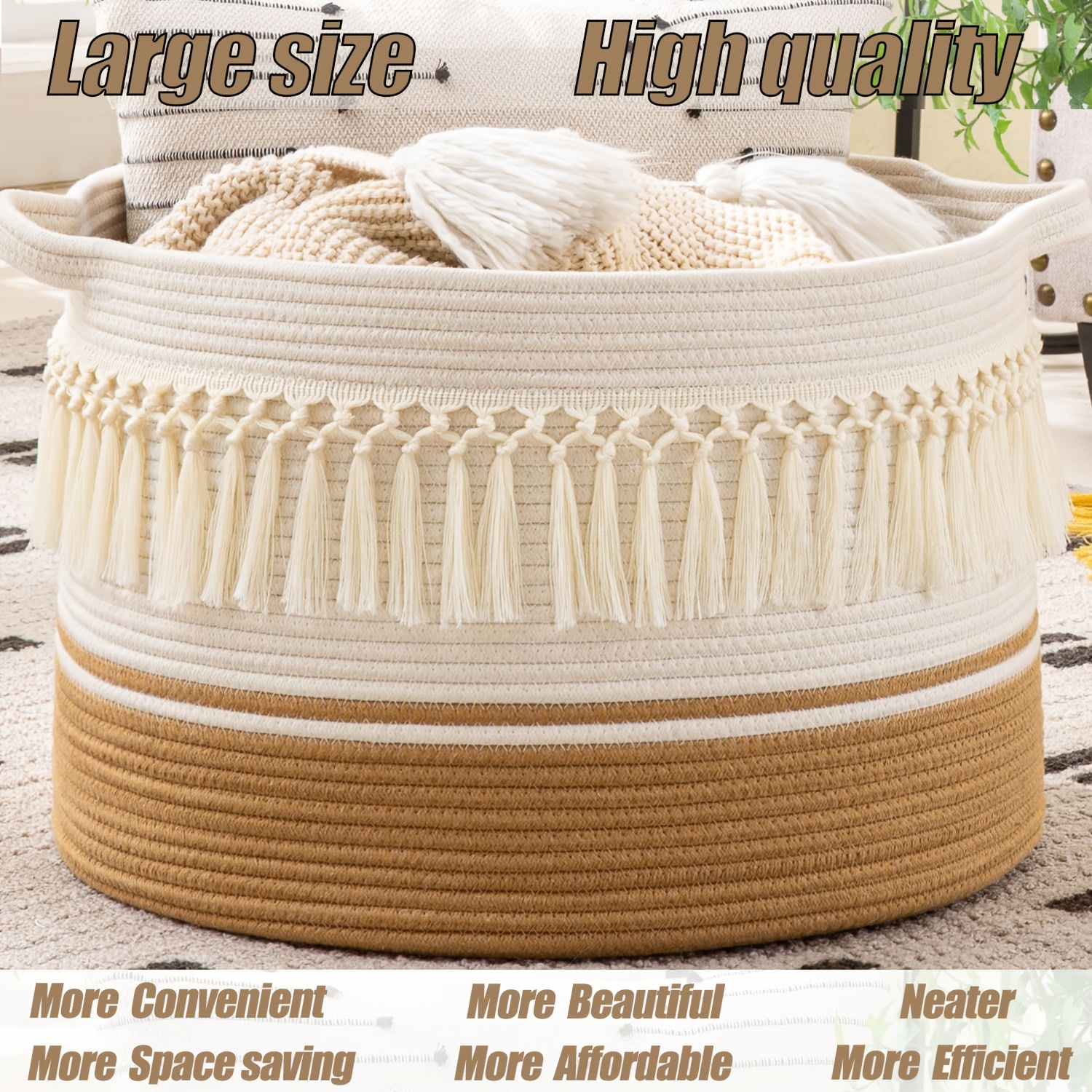 

1 Pack Large Blanket Basket Woven Baskets For Storage Laundry Hamper, Cotton Rope Blanket Basket For Living Room, Laundry, Pillows, (white/ Brown)