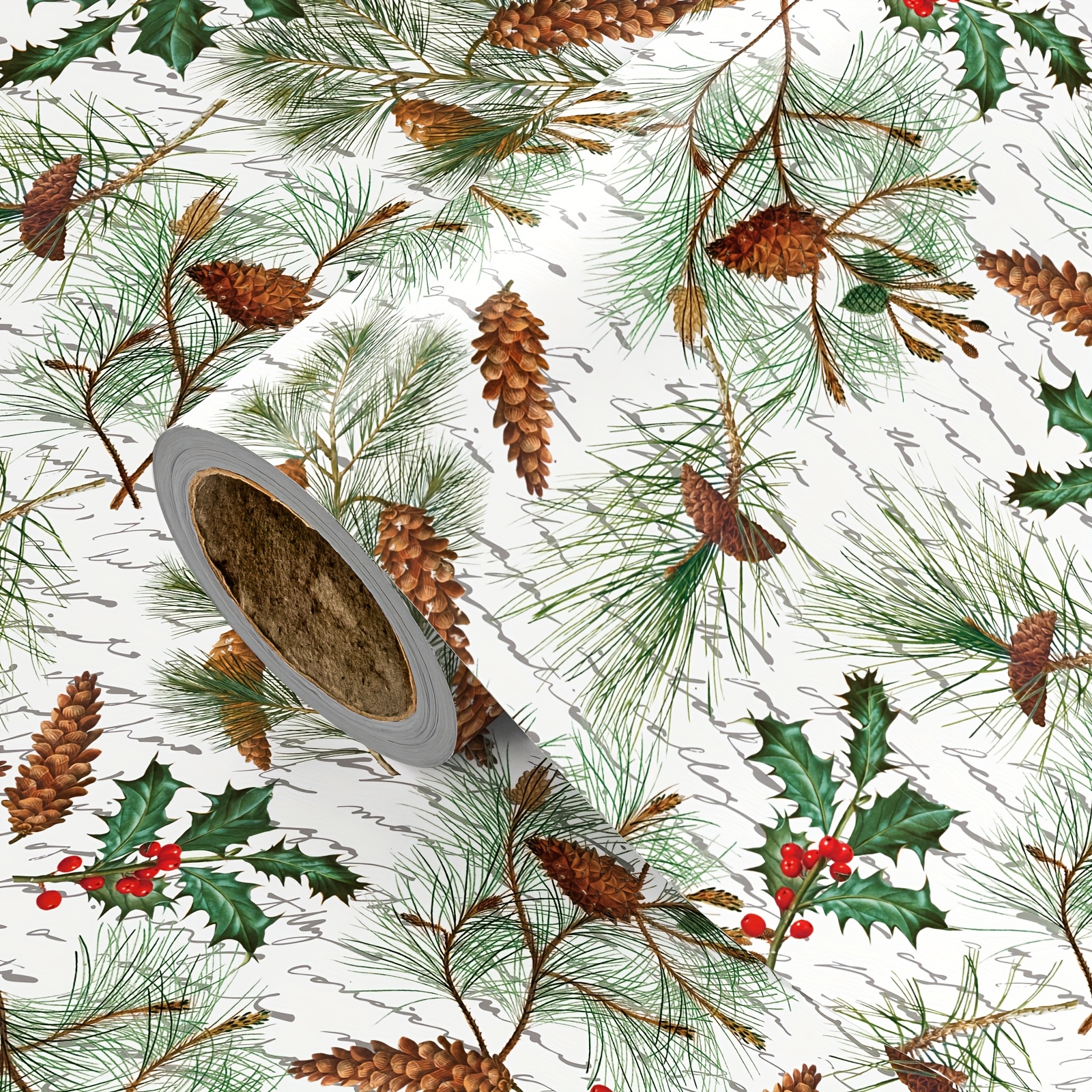 1 Roll Christmas Wrapping Paper | Pine Needles, Pinecones, Holly Leaves & Red Berries - Ideal For Holiday Gifting, Festive Decor - 43cm X 500cm (17" X 16.4')