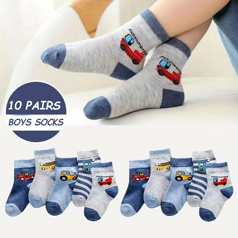 Image of 10 Pairs Of Boys' Cartoon Car Striped Socks, New Autumn Style, Breathable And Odor-resistant For