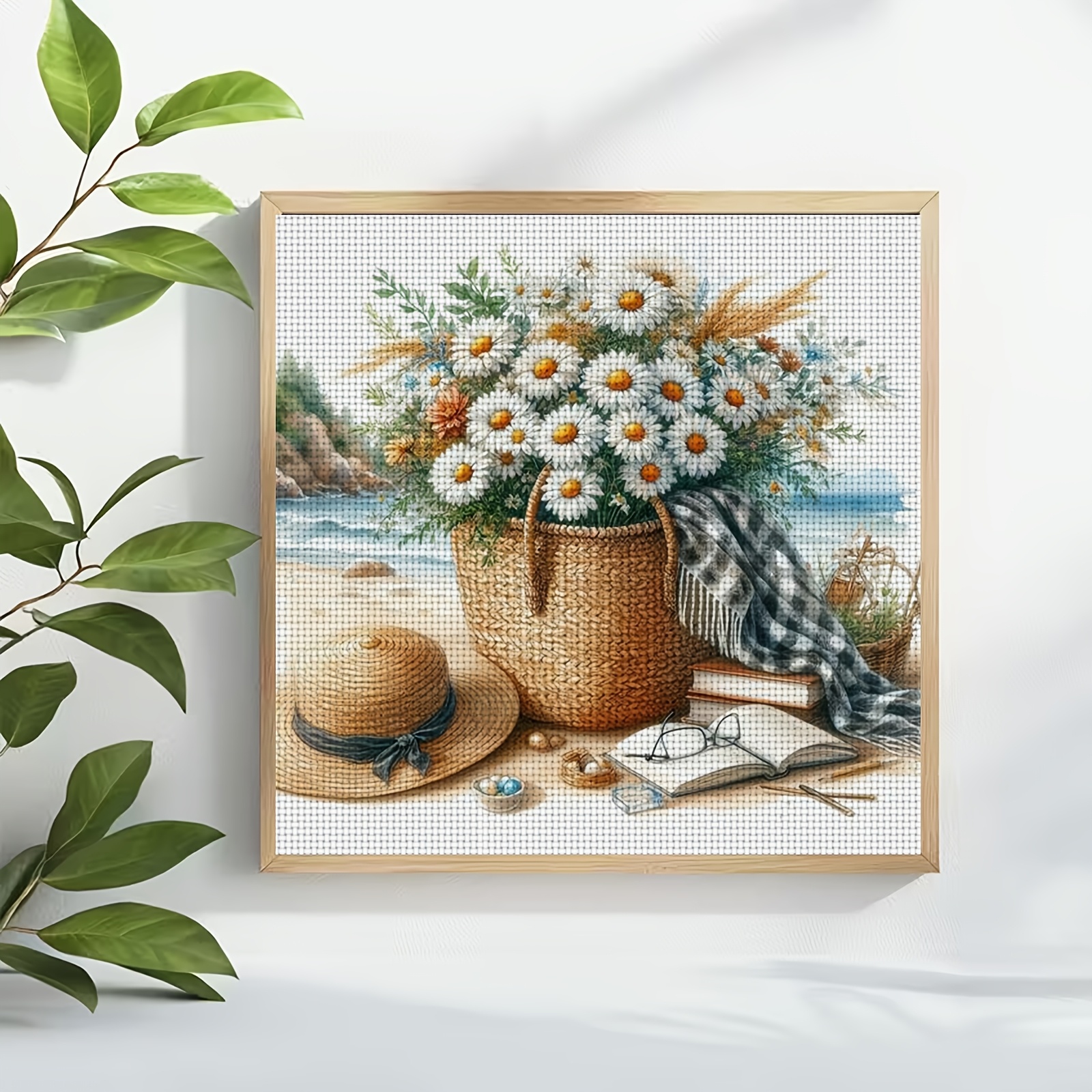DIY Cross-stitch Printed Kit, Unframed, Beach Straw Basket Daisy Pattern