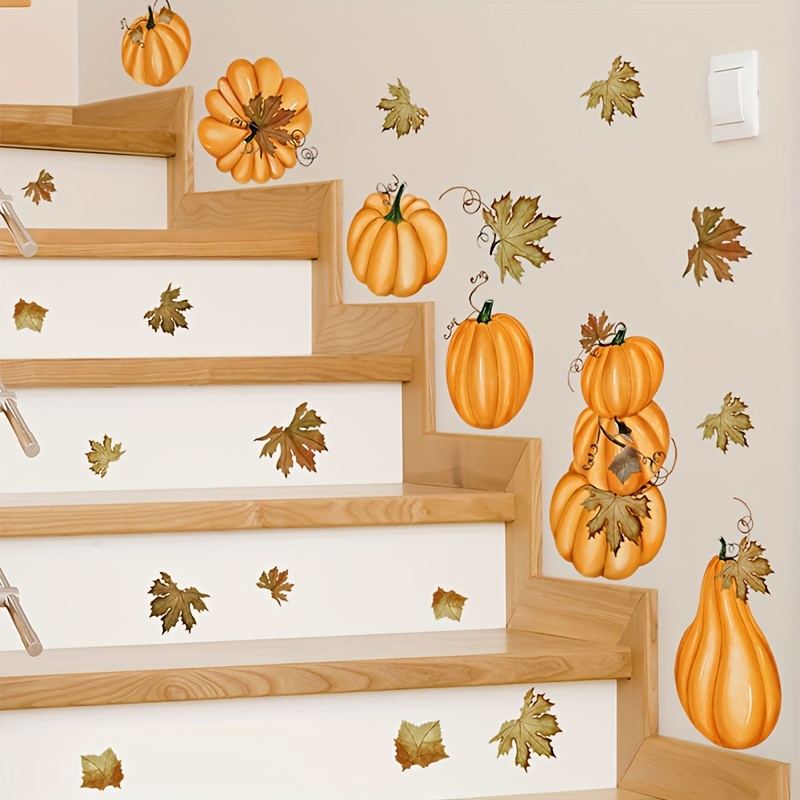 

Classic Autumn Pumpkin And Maple Leaf Wall Stickers, Detachable Pvc Self-adhesive Decor For Living Room, Bedroom, And Home Decoration, Single-use Fall Season Decals