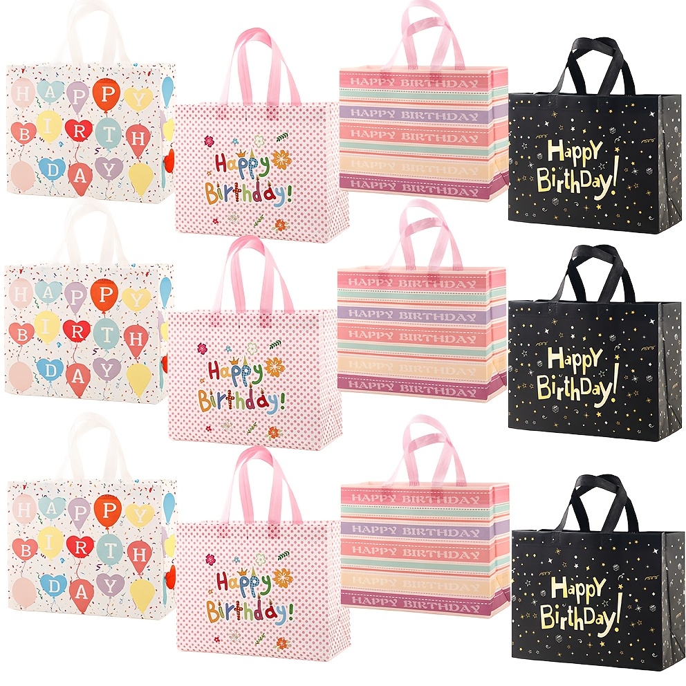 

12-pack Assorted Designs Reusable Fabric Birthday Gift Bags With Handles - Tote Bags For Party Favors, Weddings, Birthdays - Ideal For Women And Girls