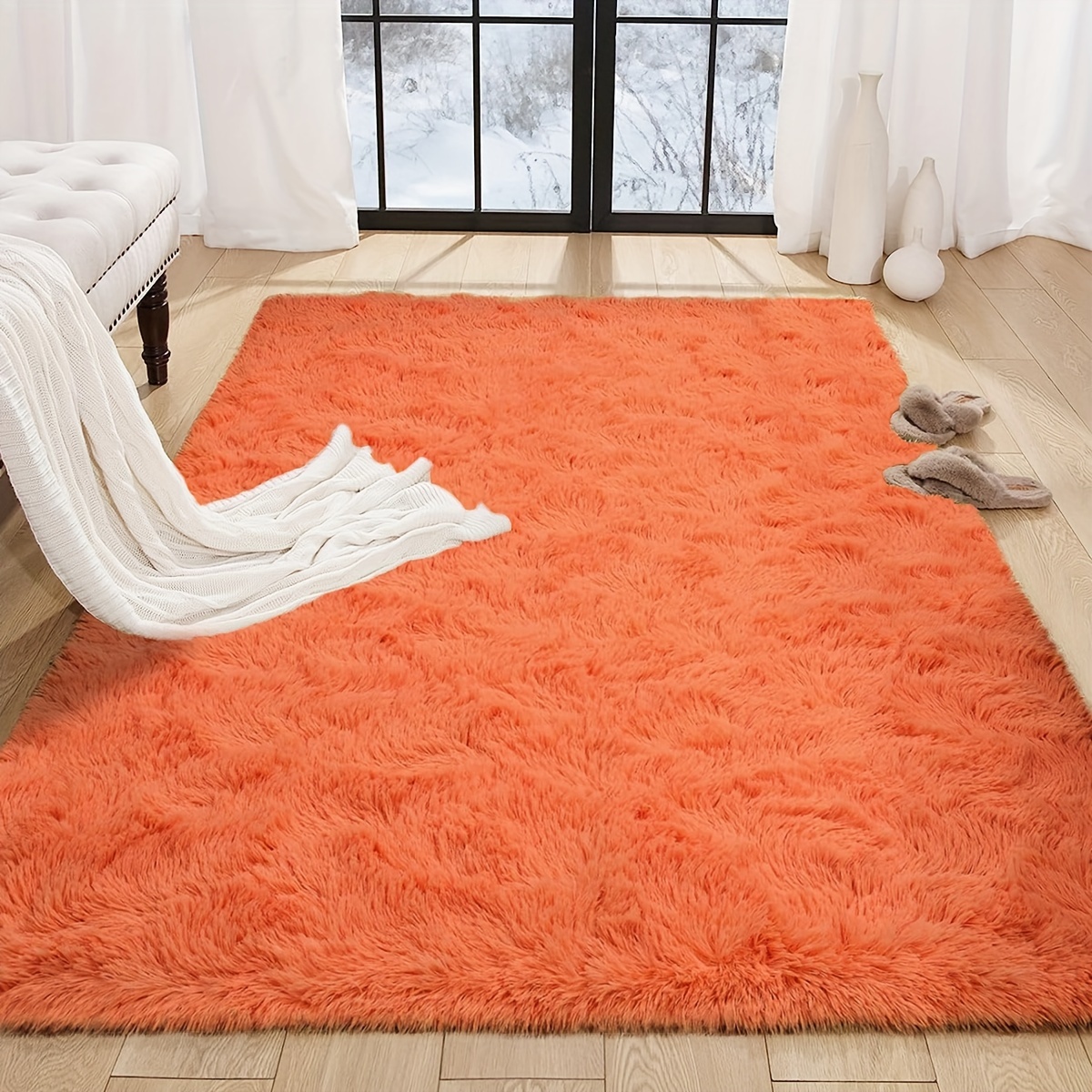 1pc orange long plush faux carpet   comfortable easy to clean fluffy warm cute indoor decor carpet long strip mat lightweight and portable   thickened sturdy durable non shedding suitable for living room sofa side