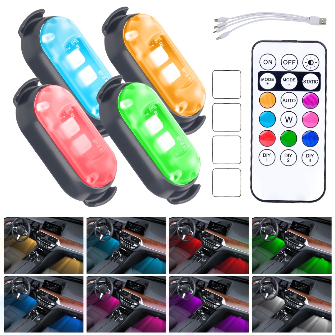 TEMU 4pcs Wireless Led Flash Lights With Remote Control, Rechargeable Led Ambient Lights With 8 Colors And 10 , Suitable For Car Interiors,