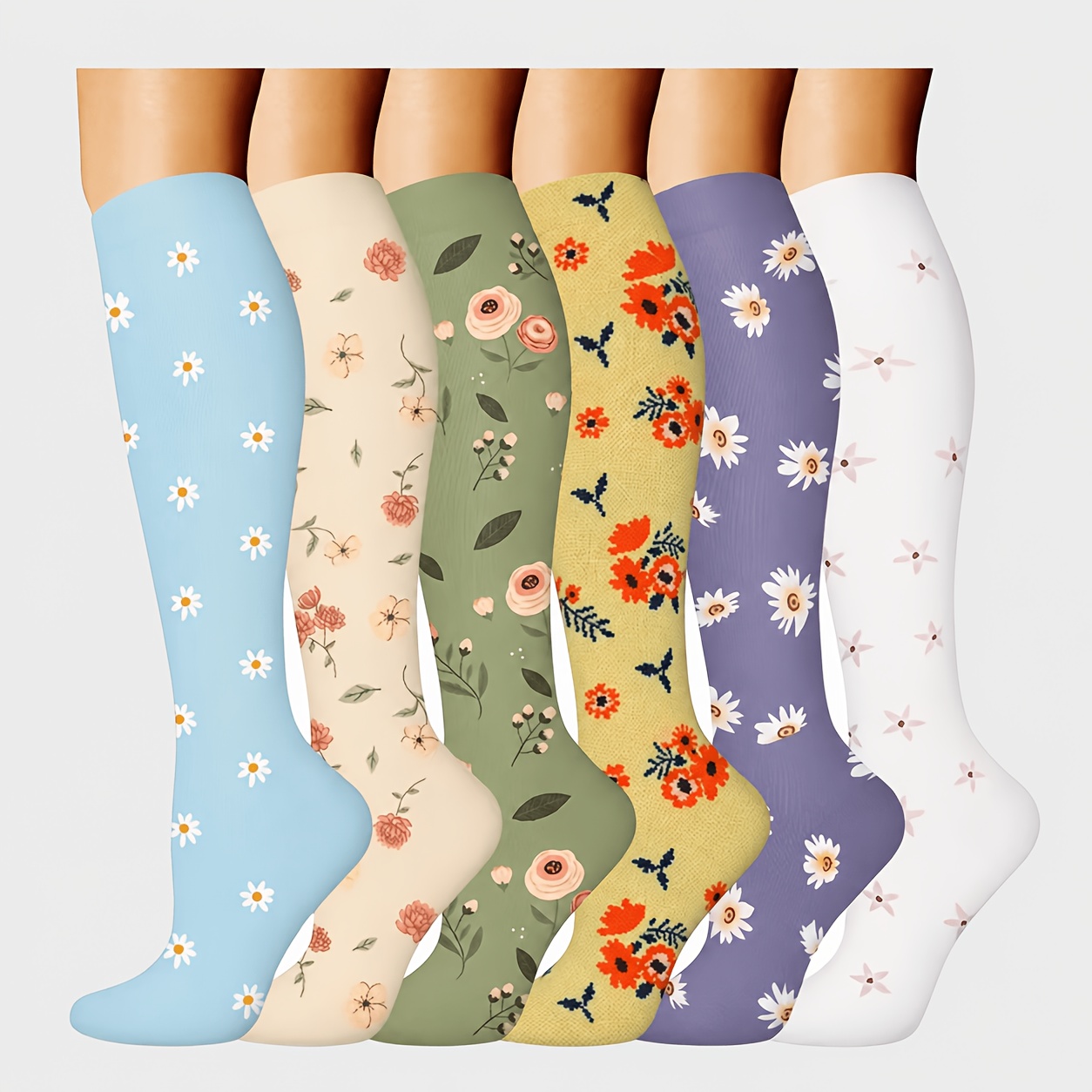 TEMU 6 Pairs Floral Series Compression Socks Set Suitable For Men Women Ladies Fashionable Light High Sports Stockings Essential For Flying Travel