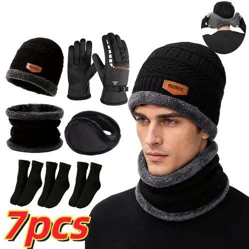 mens winter fleece lined thick 7pcs set knit hat scarf neck gaiter gloves ear muffs 3 pairs warm socks riding skiing warm accessory set