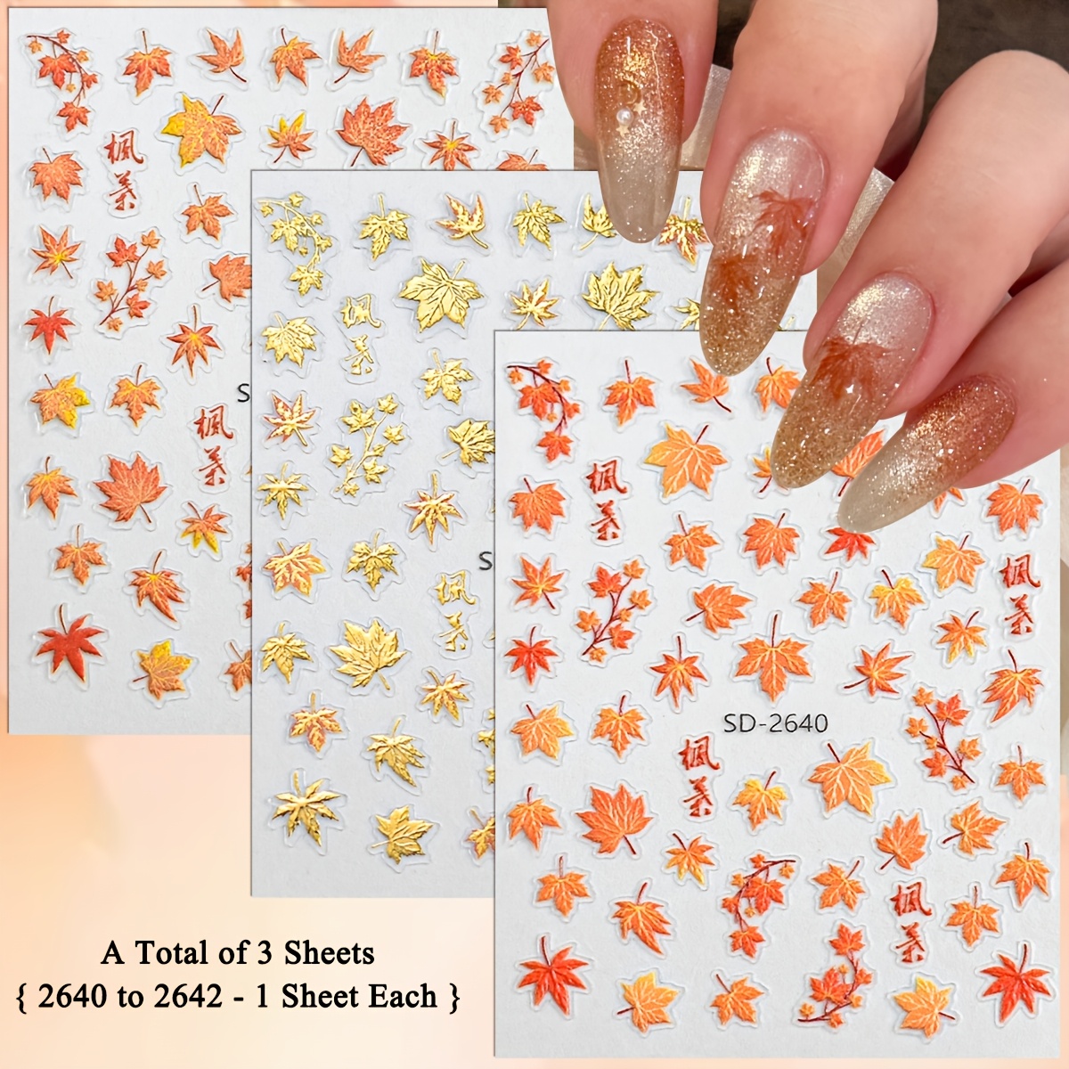 TEMU 3 Fogli di Adesivi per Nail Art con Foglie d'Acero Autunnali - Lamina e Foglie Autunnali Decalcomanie per Unghie 5D in per Decorazione Manicure