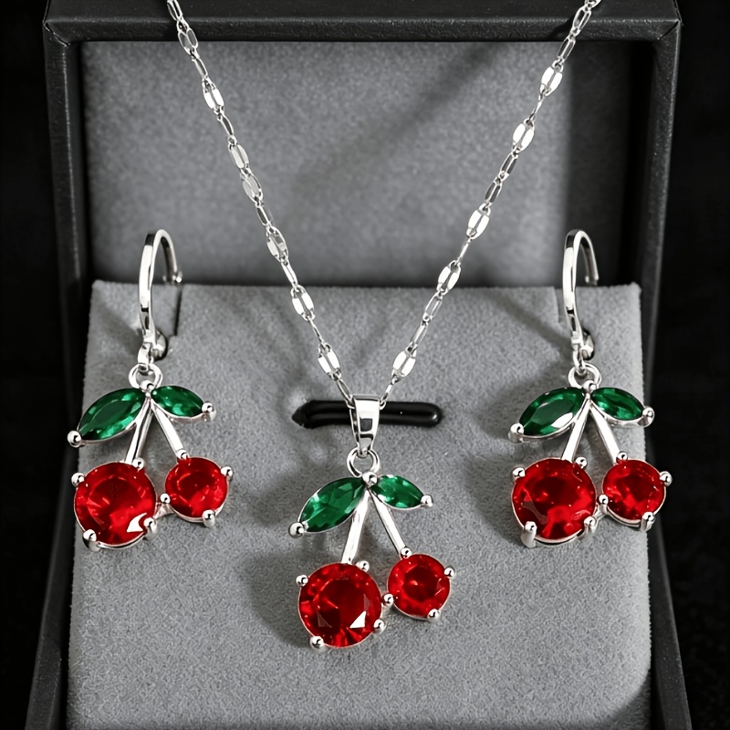 TEMU 2pcs Set Fruit Series - Cherry Necklace & Earrings, Jewelry Set For Men Women, Elegant & Cute, & Sweet, Suitable For Women's Vacation And Daily