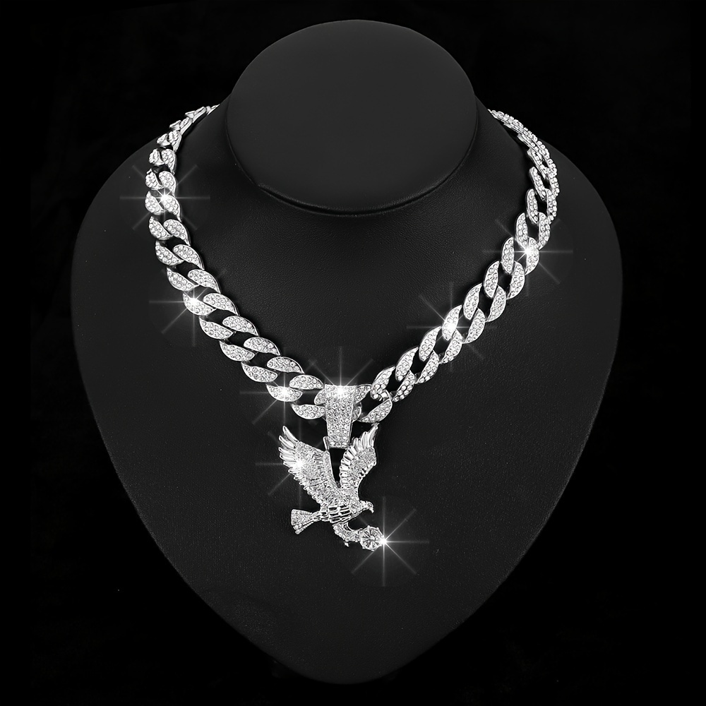 

Eagle Pendant Necklace With 15mm Cuban Chain - Rhinestone-encrusted, Alloy Fashion Accessory For Men And Women