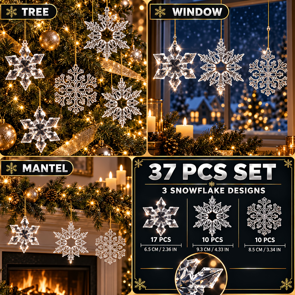 TEMU 2d Flat, 37pcs Transparent Crystal-like Snowflake Pendants, Acrylic Snowflake Ornaments, Glossy And Transparent, Multi- Cutting Sparkling Light