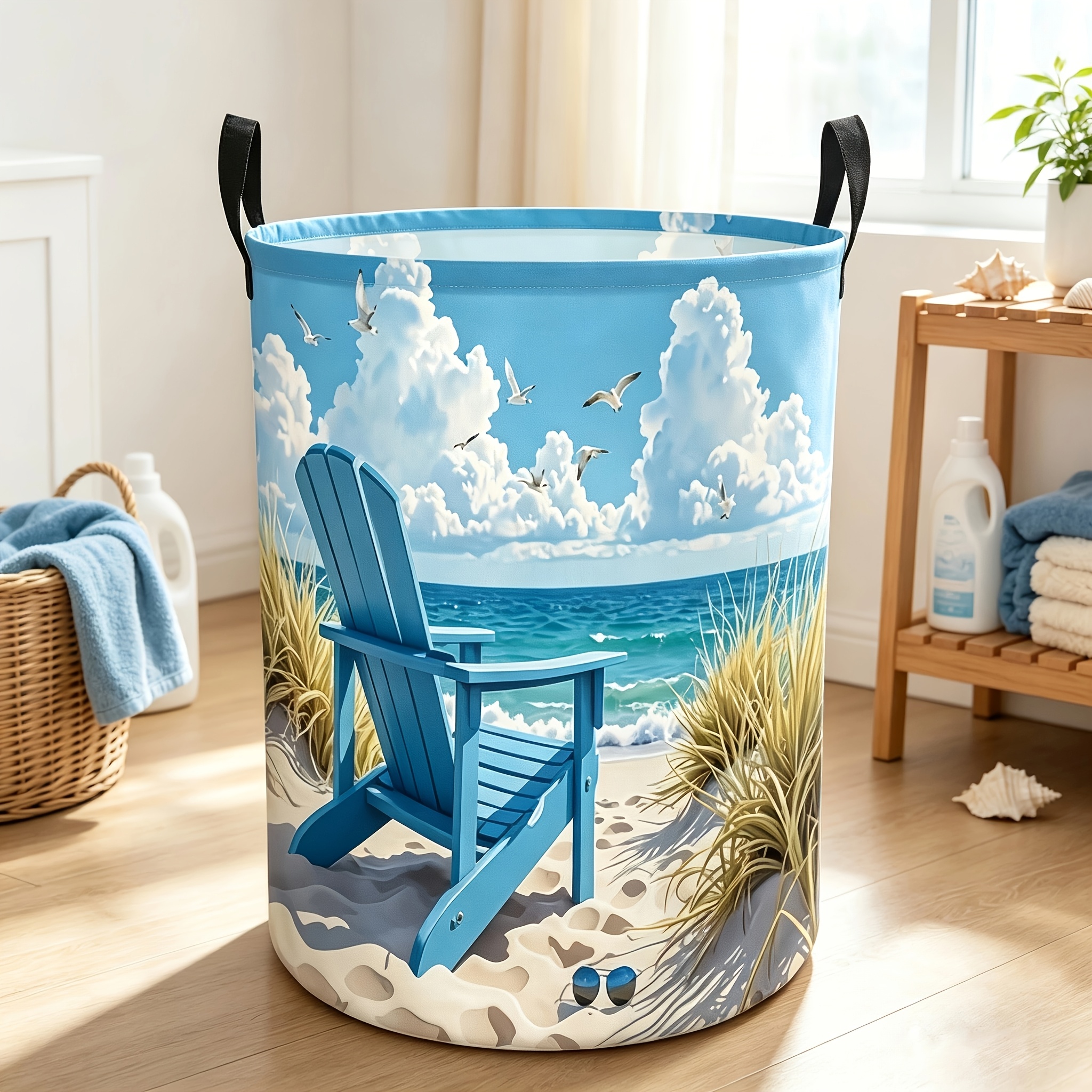 TEMU 1pc Heavy-duty Foldable Laundry Basket And Storage Basket, Turquoise Design, Space-saving Round Basket With Sturdy Black Leg Base, Ideal For
