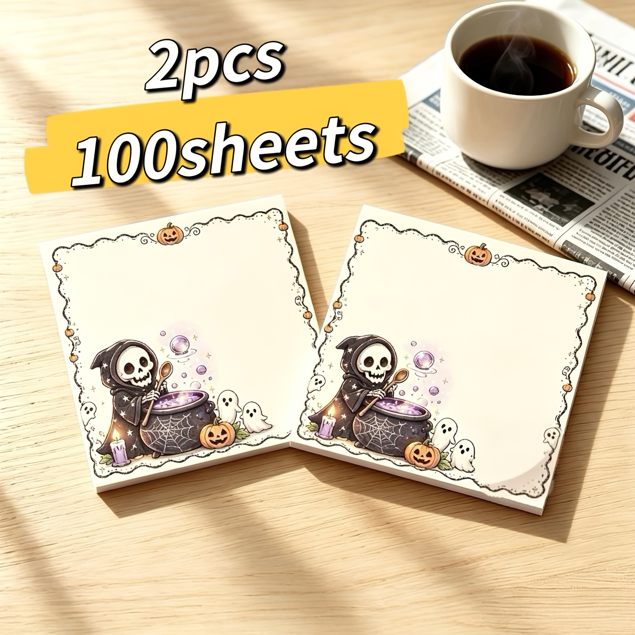 TEMU 2 Packs 100 Sheets Halloween Reaper Pumpkin Sticky Notes, Off-white Paper Non-bleeding Tear-off Easy To Stick, Suitable For Student Classroom