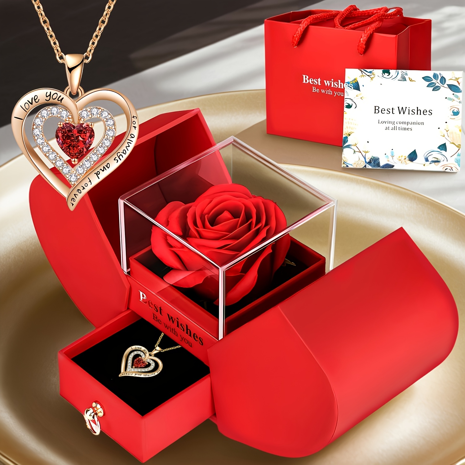 Image of Valentine's Day Romantic Date Necklace Set With Red Rose Flower Box To To Wife, Lover, Girlfriend, Premium Gift, Elegant Necklace Set