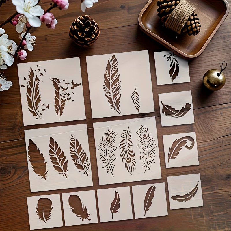 E-shop 12-teiliges Set Feder-Serie Malvorlagen aus PET, wiederverwendbare DIY-Feder- und Vogelmuster Sprühmal-Vorlagen für Holz, Leinwand, Papier,